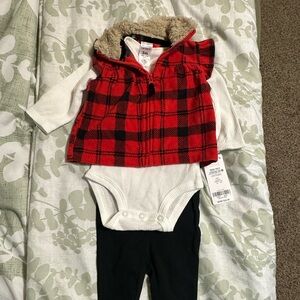 Carter's Red and Black Furry Plaid Vest Onesie & Pants Set 0-3 months